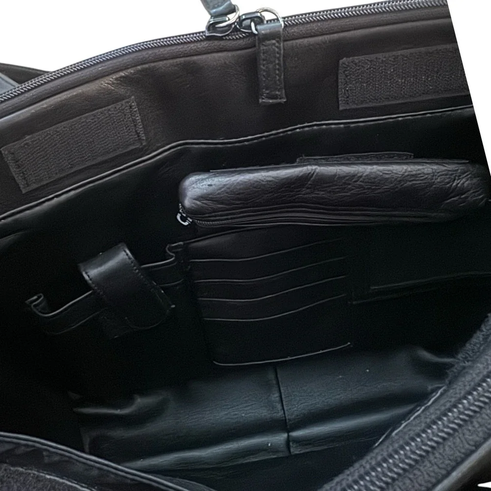 PERLINA Soft Black Leather Multi Compartment Tote Bag Laptop Work Bag Satchel